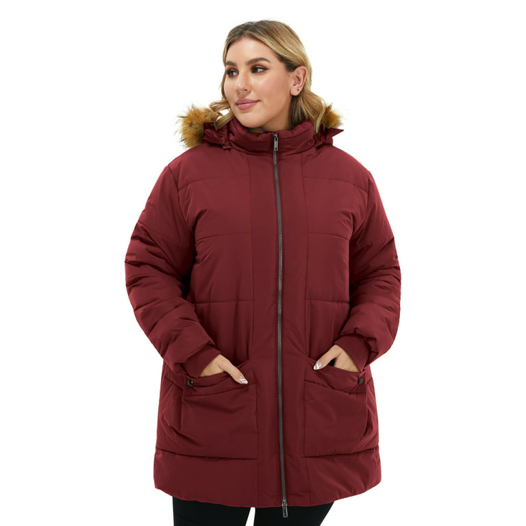 Soularge Women's Plus Size Winter Thickened Puffer Coat with Removable Hood  (Army green, 2X)