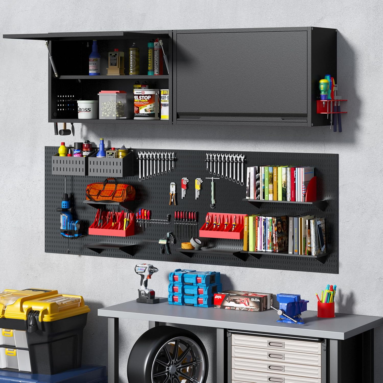 Metal Wall Cabinet with Up-flip Door,Wall Mounted Tool Cabinets with Pegboard,Metal Wall Storage Cabinet with Adjustable Shelf for Garage,Basement,Home Office, Kitchen,Warehouse（Black）