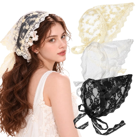3PCS Lace Hair Scarf Bandanas for Women, Sweet Lace up Apron Triangle Headscarf-Beige&White&Black