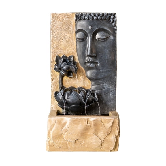 XBrand 30" H Zen Buddha Face Water Fountain w/ Replaceable LED Light & Pump, Indoor/Outdoor Wall or Freestanding, Relaxing Zen Décor, Gray and Brown Polyresin Fountain for Home Patio Garden Backyard