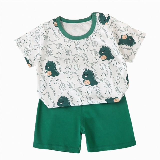 COMVALUE Garçons Enfants Mignon T-Shirt à Manches Courtes Col Ras du Cou et Short Uni à Taille Élastique Ensemble Décontracté (Vert Foncé, 4-5 Ans)