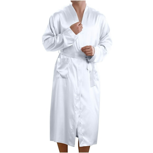 Jusqu'à 60% de Réduction sur le Cadeau TIMIFIS Blanc Robe en Satin pour Hommes Robe en Soie Classique Longue Peignoir Léger Peignoir de Bain V Nuque avec Poches - Solde de Solde Printemps/été