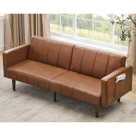 75" Futon Sofa Bed, Convertible Sleeper Sofa with Adjustable Backrest, Side Pocket, Mid-Century Modern Futon Couch, PU Leather Couch for Living Room