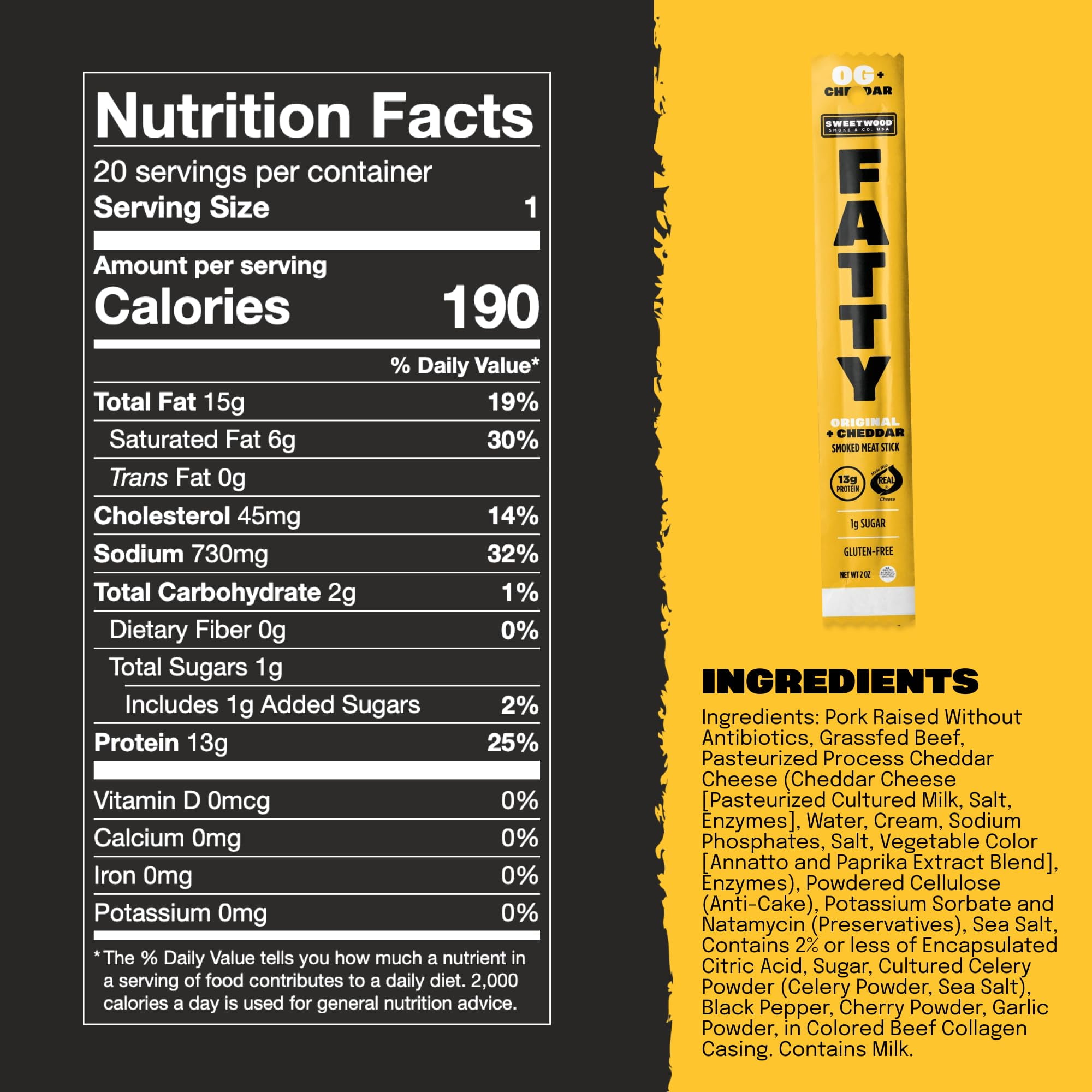 FATTY Meat Sticks, Grass-Fed Beef, High Protein Snack, Low Carb, Gluten Free, MSG Free, Nitrate Free, Original & Cheddar Flavor, 2 Ounce (Pack of 20)