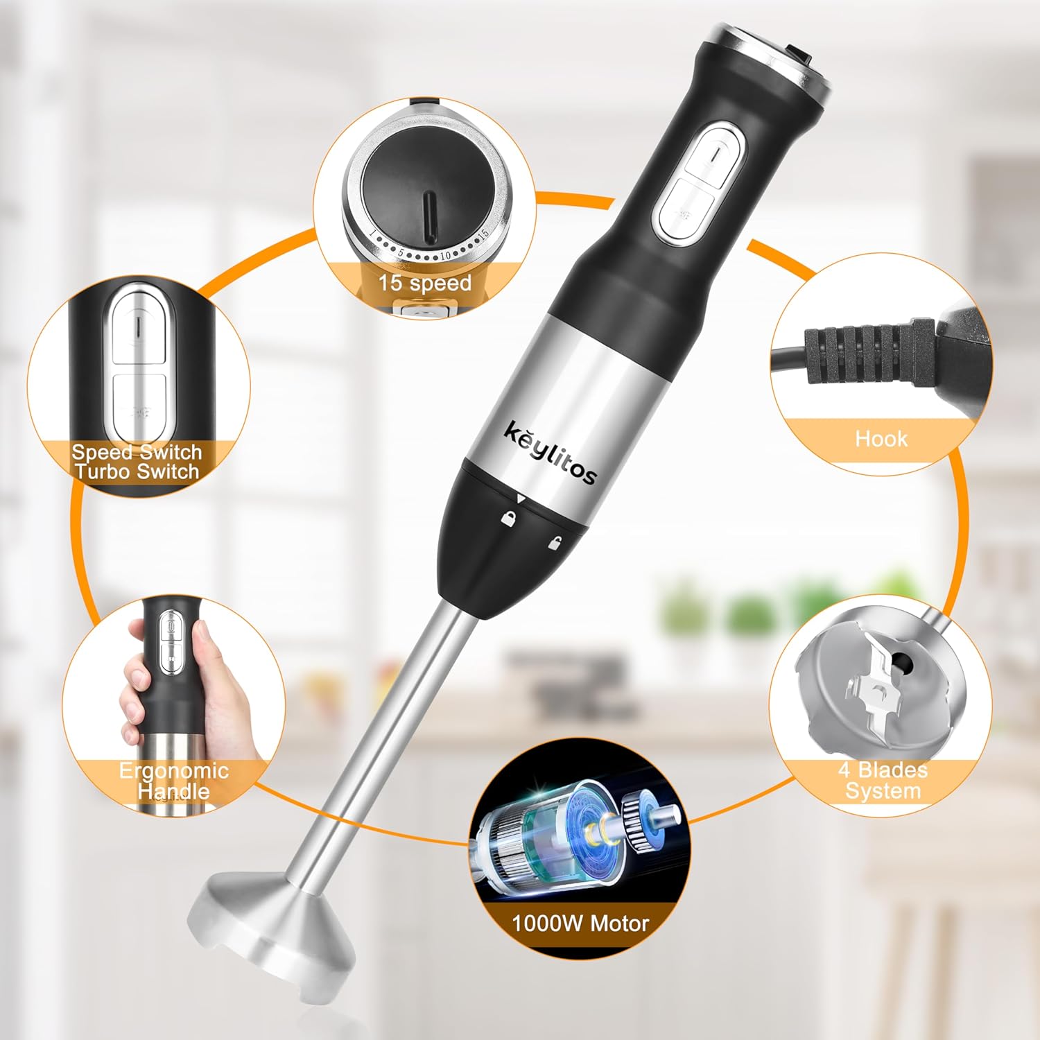 5-in-1 Immersion Hand Blender with 600ml Chopper and 800ml Beaker, 800W Variable Speed Stick Mixer for Smoothies Soups Baby Food