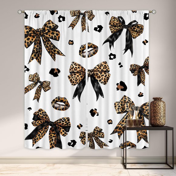 Leopard Print Bow Curtains 42Wx63H Inch Rod Pocket Woman Girls Bownot Retro Brown Cheetah Panthera Fashion Art Printed Vintage Modern Living Room Bedroom Window Drapes Treatment 2 Panels