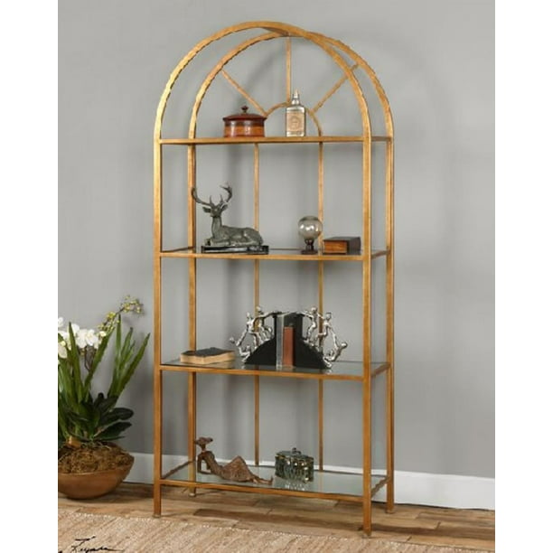 78 Golden Forged Iron Tempered Glass Etagere Display Shelf
