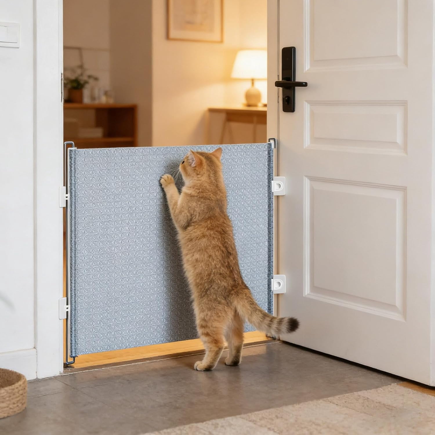 Retractable Dog Gate - Pet Safety Barrier Door,No Drilling Extendable Stairway Puppy Guard Cat Small Animals Gate for Door Frame Porch Patio Balcony Fence Driveway (49.2''W×22.8''H)