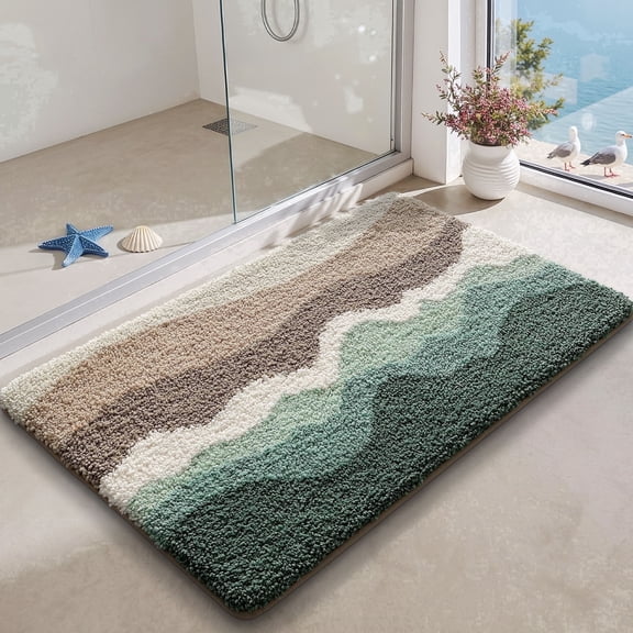 FRABE Non-Slip Bathroom Rug Ultra Soft Washable Absorbent Quick Dry Ocean Beach Theme Bath Mat with Starfish Shell in Sage Green and Sand 20" x 32"