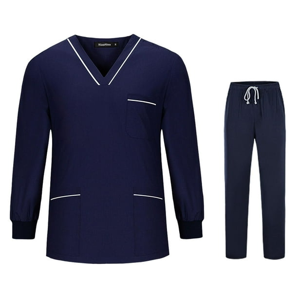Conjuntos de exfoliación superior e inferior, uniforme de enfermera transpirable, ropa de trabajo para quirófano, SPA, centro de belleza, , Azul oscuro con blanco, Yinane uniforme de mujer