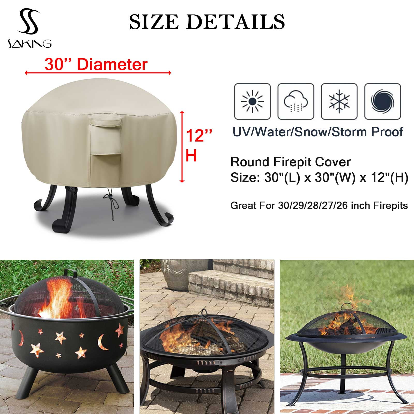 Saking Fire Pit Cover,Round Outdoor Waterproof Fireplace Covers for