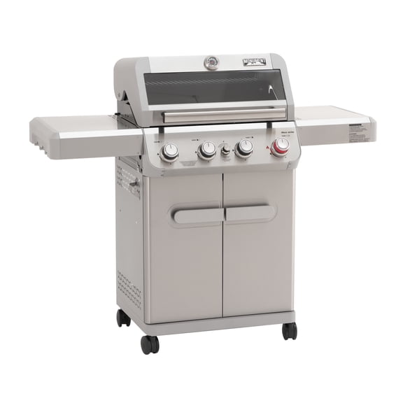 Monument Grills 4 Burner Stainless Propane Gas Grill with Viewing Window, Two Foldable Shelves ,Gas Tank Hook & Bottle , Easy Clean-up, M410MBZ