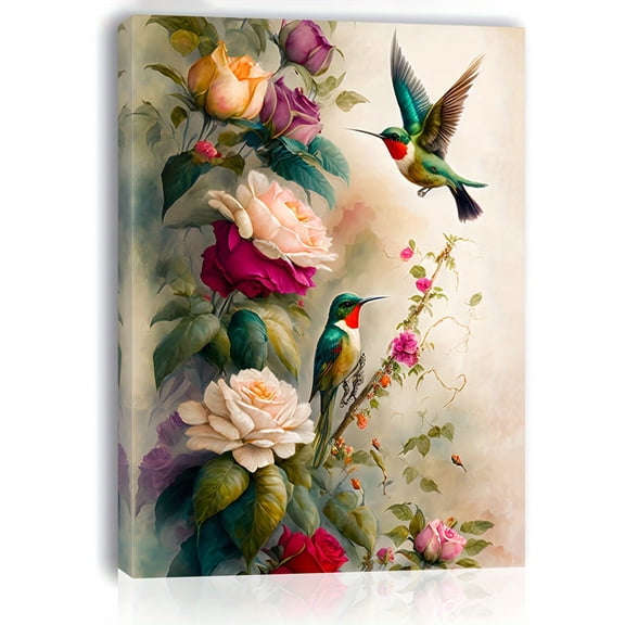[Wooden Framed Canvas Art] Wooden Framed Charming Flowers & Birds Canvas Wall Art | Perfect Home & Office Decor Gift, for Living Room, Bedroom, Kitchen