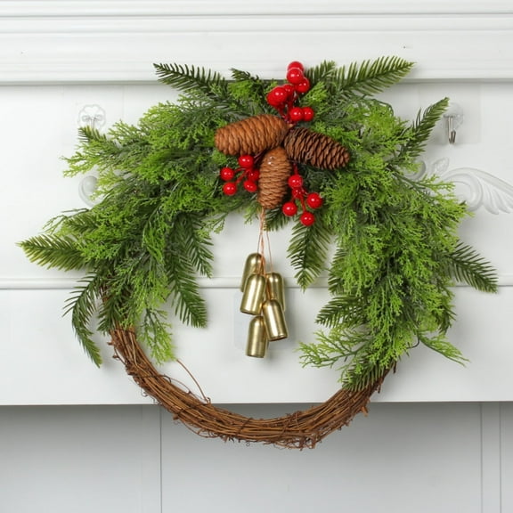 🎄Christmas Wreath, Valentine's Day Wreath ,Christmas Garland with Red Berries,Pinecone,Linen Bow and Brass Bell for Front Door, Christmas Wreath for Front Door ,Lighted Christmas Door Wreath, 15.75"