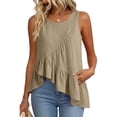 thumbnail image 3 of Pounoo Tank Tops for Women Round Neck Sleeveless Diagonal Ruffle Uneven Hem Tank Plain Crinkle Fabric Sleeveless Tops for Women Flowy Loose Fit Beach Vacation Soft Cute Summer Tops, 3 of 7