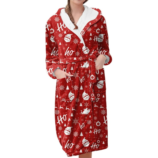Women's Fleece Plush Robe Long Warm Plush Bathrobe Loungewear Jacket Printed Comfort Robe