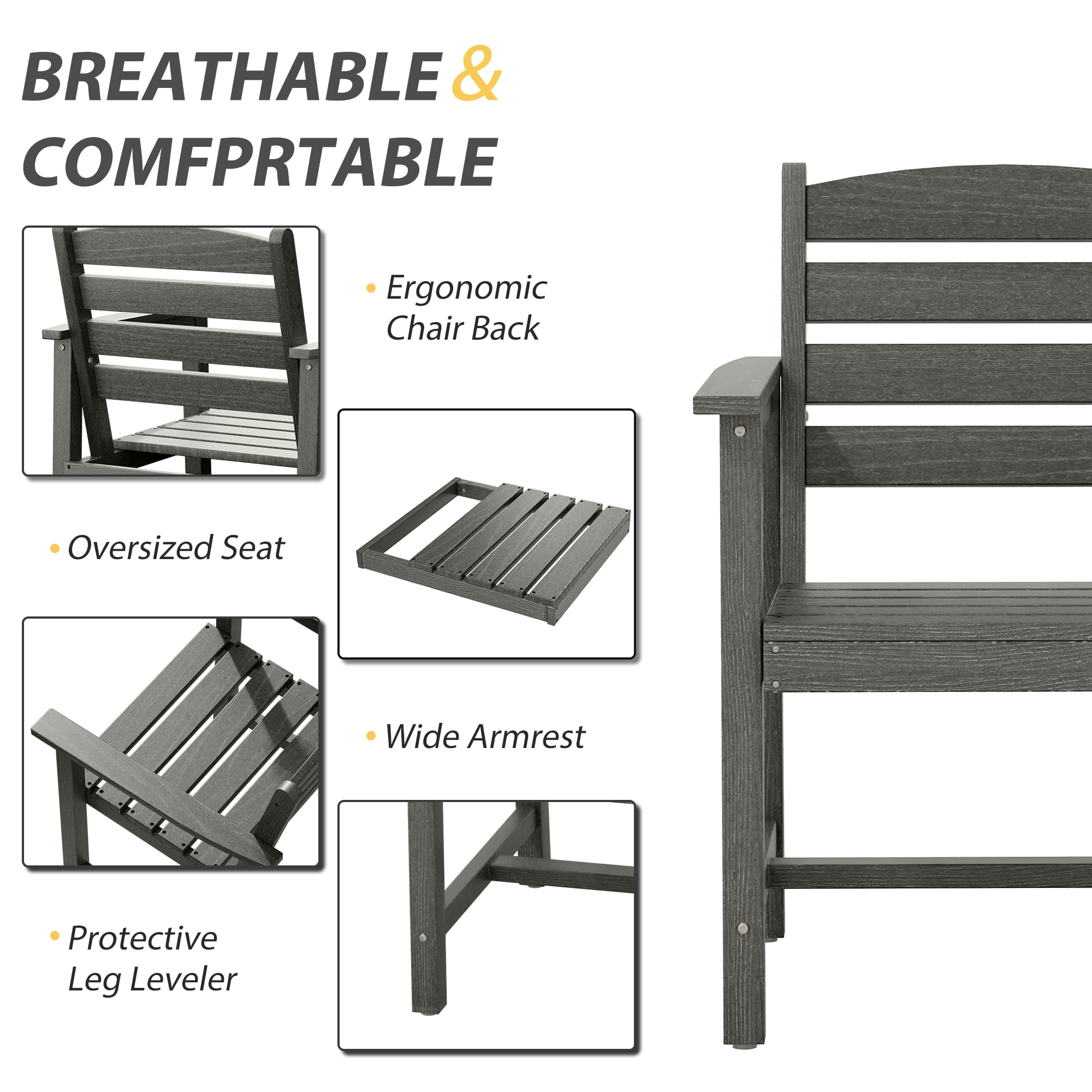 Eclife Set of 2 outdoor patio dining chairs Plastic Plywood Weather Resistant for Balcony Deck Pool Lawn Garden Backyard, Gray