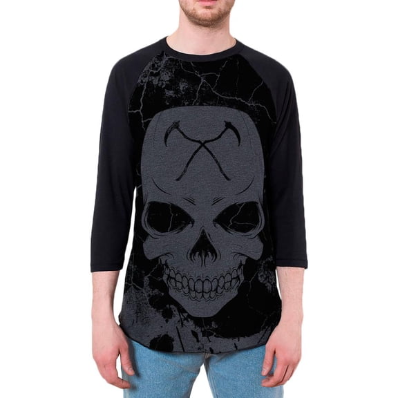 Grim Reaper Skull Distressed Mens Raglan T Shirt Heather Black-Black SM