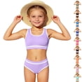 thumbnail image 1 of YOUYEDIAN Girls Swimsuit Two Piece Sporty High Waisted Bathing Suit Color Block High Cut Bikini Set (Purple, 8-9 Years), 1 of 8