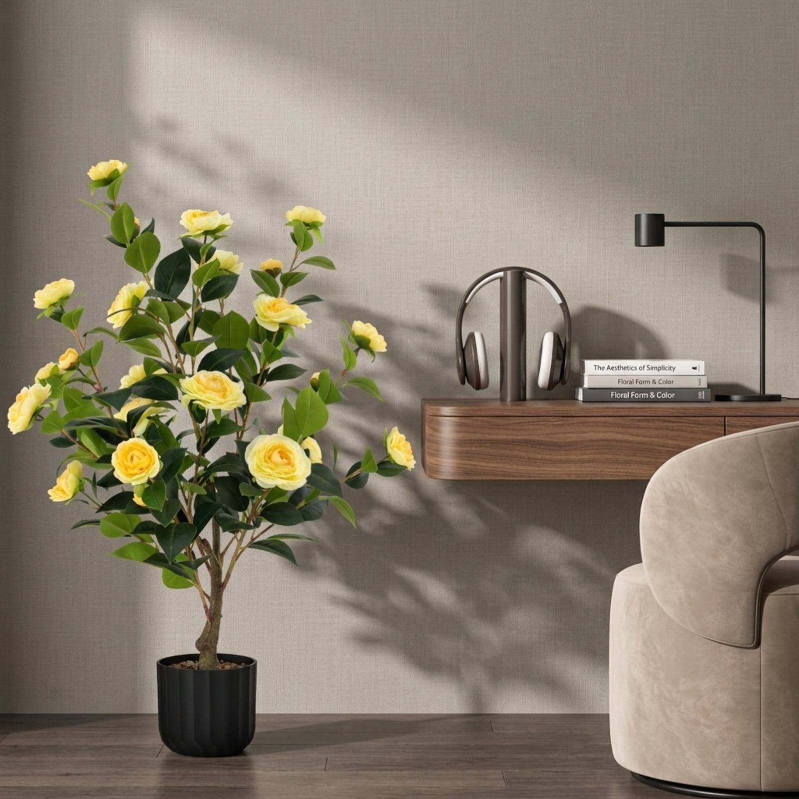 Vebreda Artificial Plant Decor, 38 Inch Artificial Camellia Tree Faux Flower Plant in Cement Pot, Gorgeous and Vivid Appearance