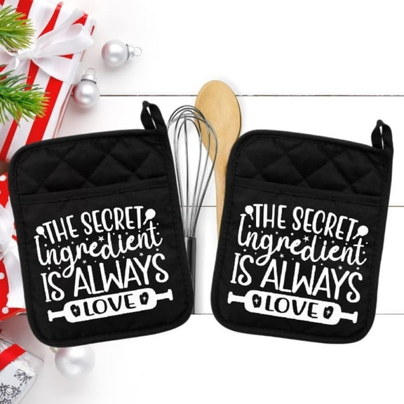 Set of 2 Black - The Secret Ingredient is Always Love - Pot Holder - Oven Mitt - Hot Pad - Polyester & Neoprene White Elephant - 9" x 7" - NEO027BLKDBL