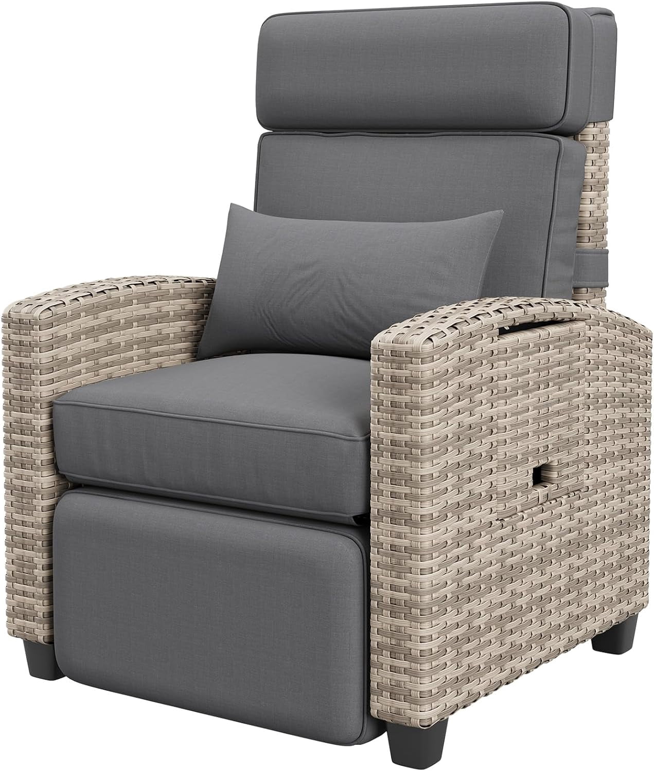 IdealHouse Reclining Patio Chair with Flip-Up Side Table - 150° Adjustable Backrest & Footrest, All-Weather Wicker Steel Frame, Olefin Cushions