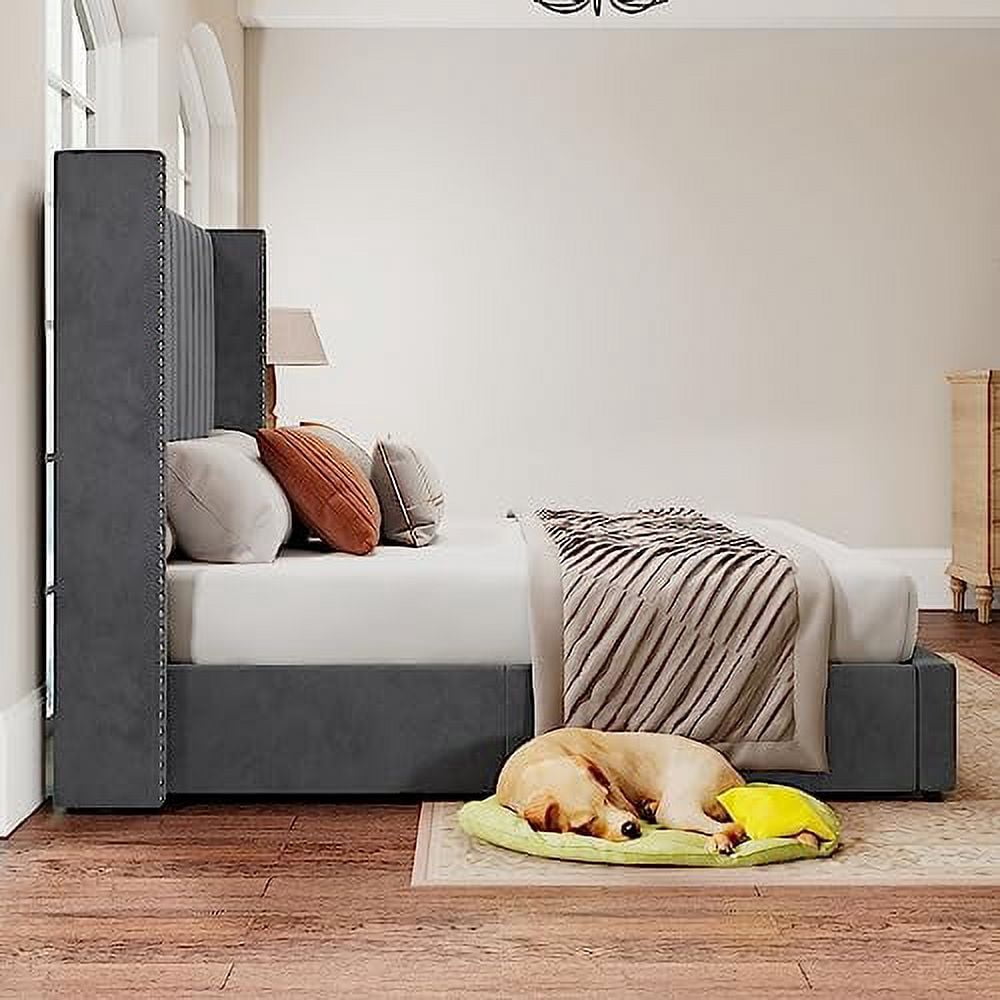 Merluxy King Bed Frame Lift Up Storage Bed, Velvet King Upholstered Bed Frame/Channel Tufted Wingback Headborad/No Box Spring Needed/Gray