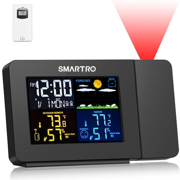 SMARTRO SC91 Reloj despertador de proyección para dormitorios con estación meteorológica, termómetro inalámbrico para interiores y exteriores, higrómetro con monitor de temperatura y humedad