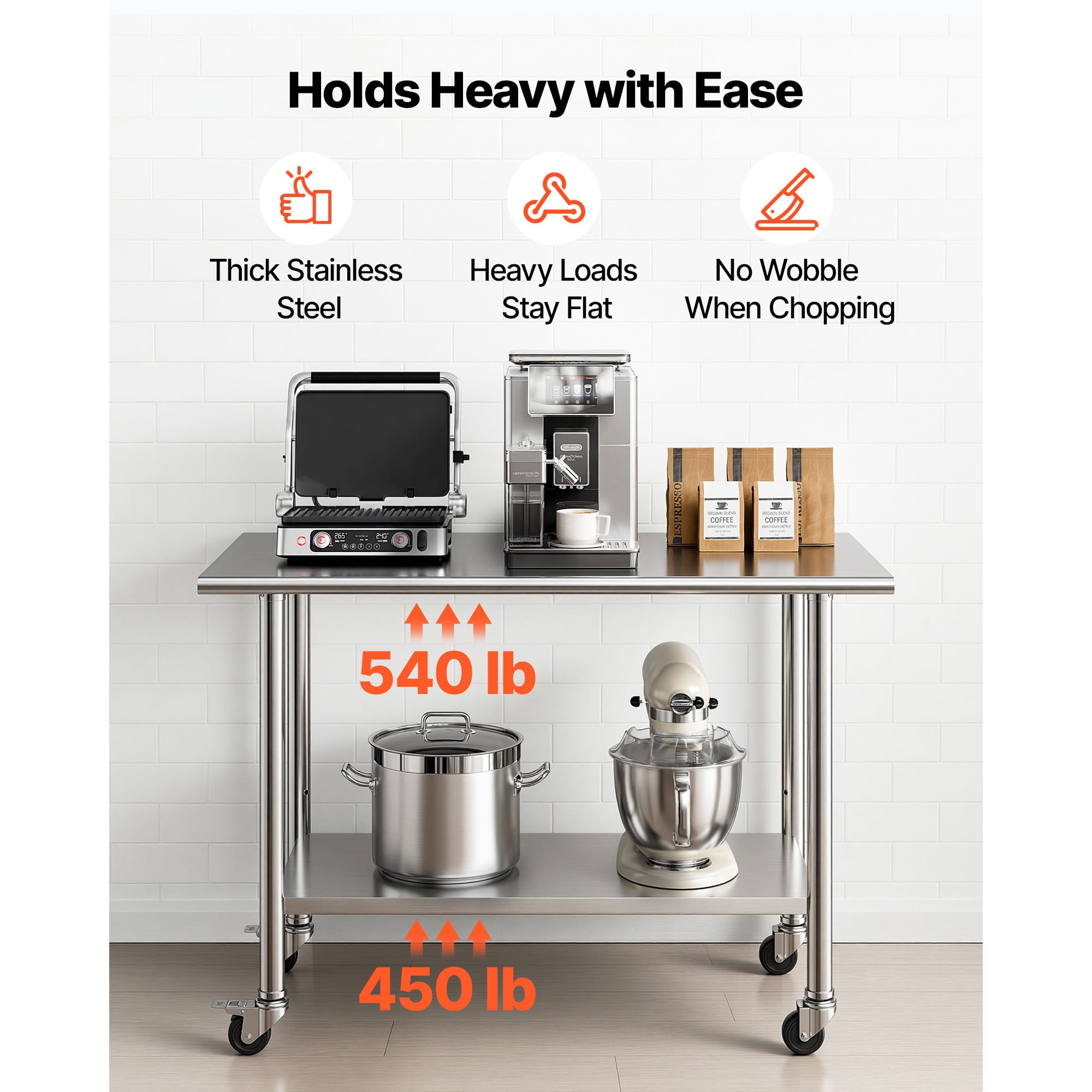 KFFKFF Stainless Steel Work Table, 24x48 inch Food Prep Station with Wheels and Backsplash, Adjustable Undershelf Metal Utility Table for Kitchen, Home, or Outdoor Use