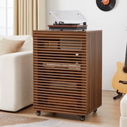 Wirrytor 5-Tier Mobile AV Media Cabinet with Slatted Door, Modern Rolling Stereo Rack, Audio Video Stand with Adjustable Shelves, Walnut