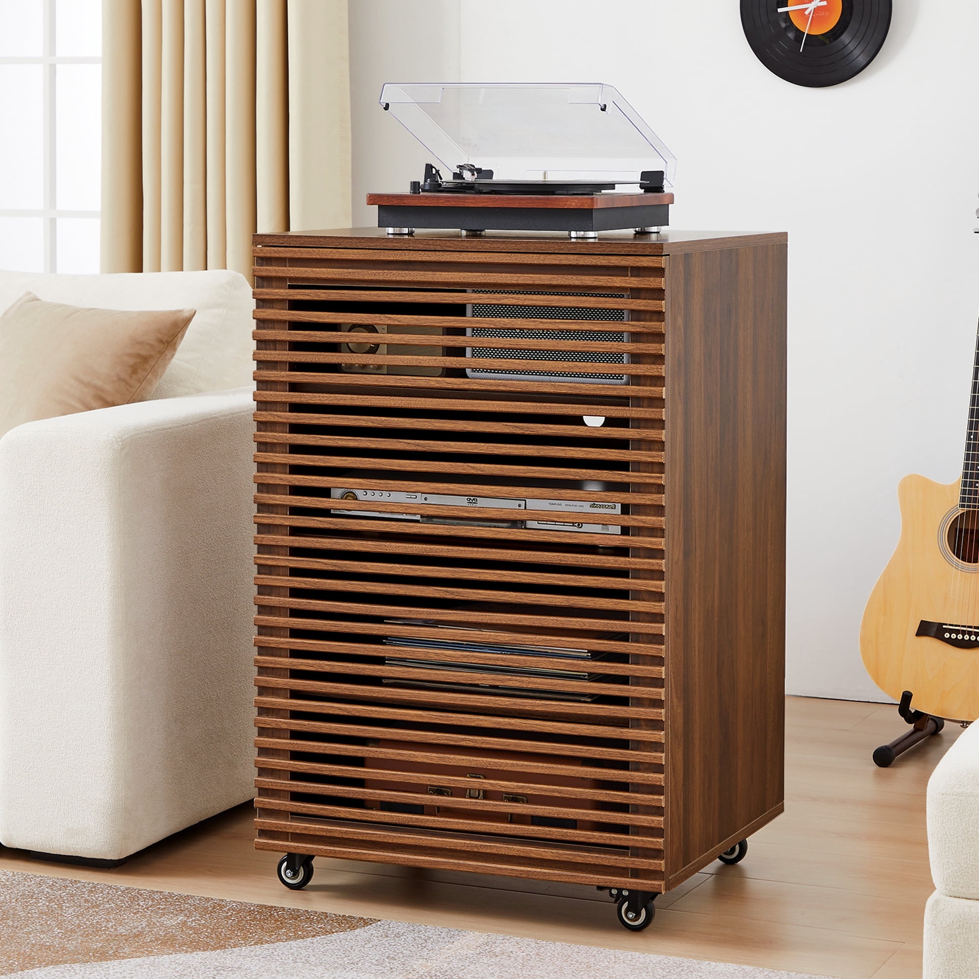 Wirrytor 5-Tier Mobile AV Media Cabinet with Slatted Door, Modern Rolling Stereo Rack, Audio Video Stand with Adjustable Shelves, Walnut