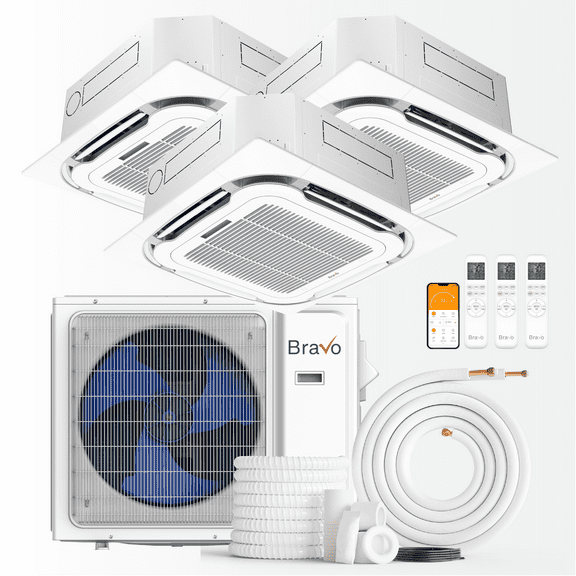 BRAVO 30,000 BTU 3 Zone 9000   9000   12000 BTU Ceiling Cassette Ductless Mini Split A/C and Heater with 25ft Installation Kits