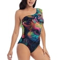 thumbnail image 3 of Gukieu Colorful Patterned Rabbit Print One-shoulder Ruffled One-piece Swimsuit with Removable Chest Pads and Tummy-control Swimsuit for Women-Medium, 3 of 6