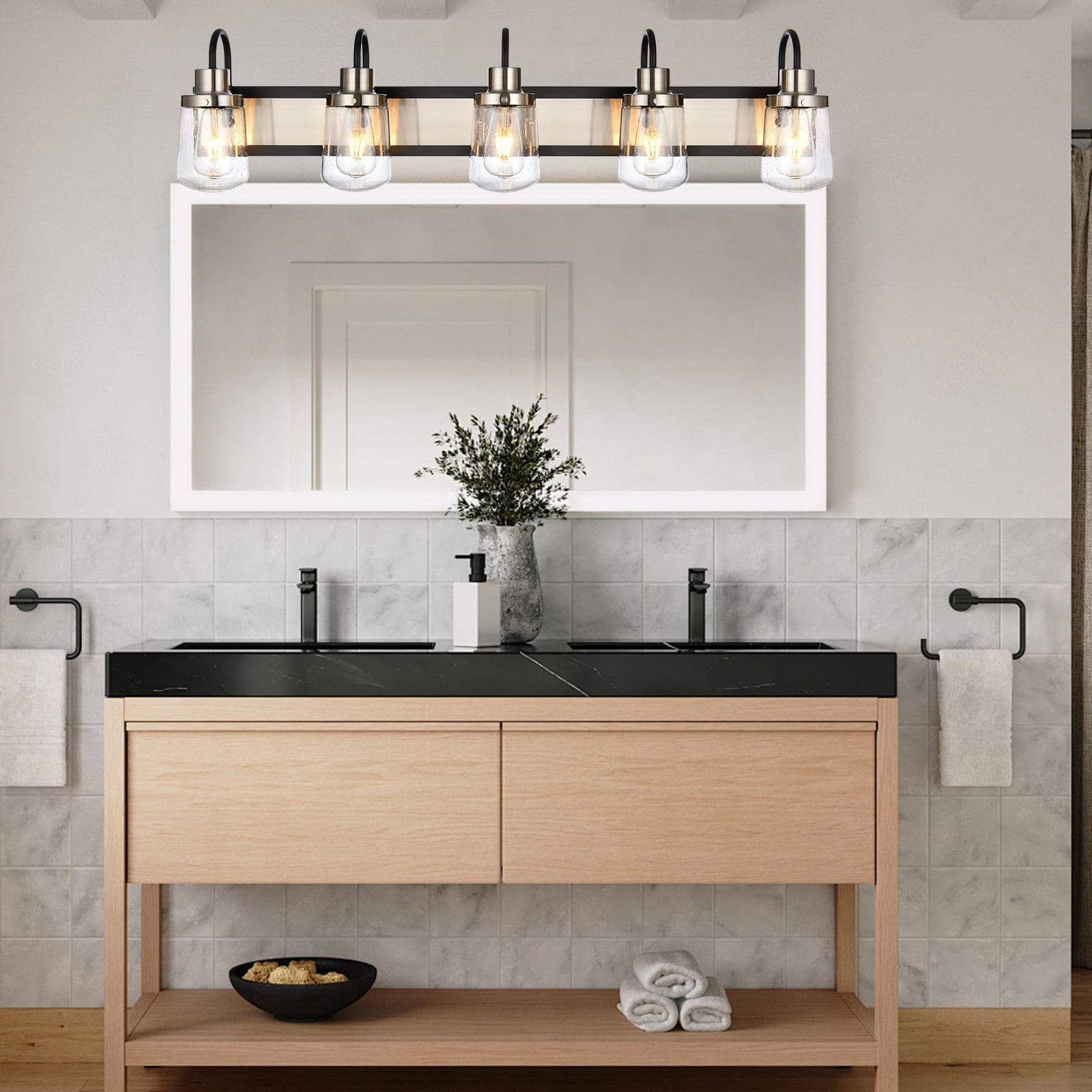 Melucee Black and Brush Nickel Vanity Light, 5-Light Fixture Seeded Hourglass Glass Shade E26 Bubble, Over Mirror Light for Bathroom