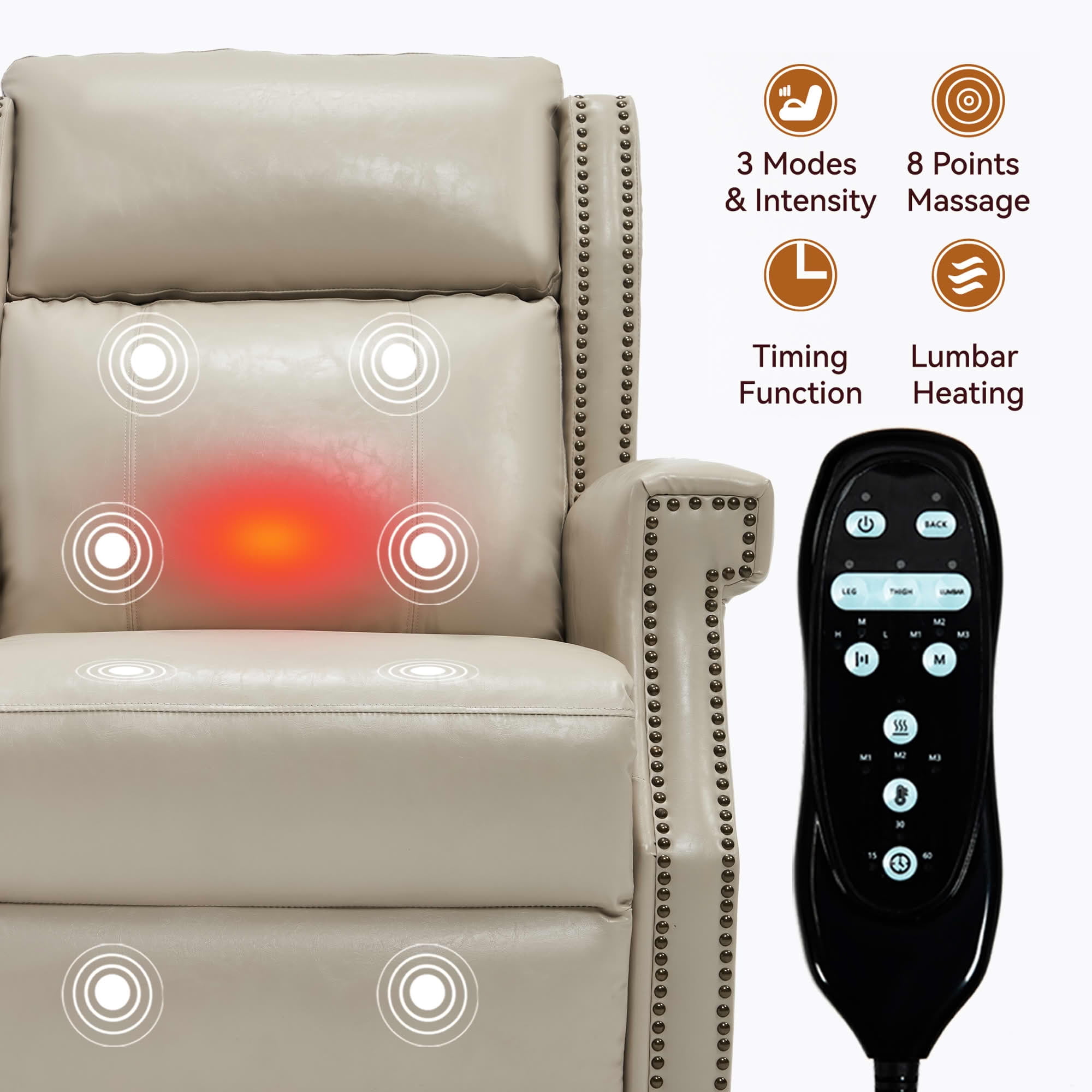 MAYEERTY Beige Faux Leather Manual Recliner Chair, 8 Nodes Massage Heat 155° 35"x38"x40" for Living Room