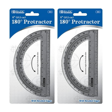 BAZIC Plastic Protractor Semicircular 6 Inch 180 Degrees, 2-Packs