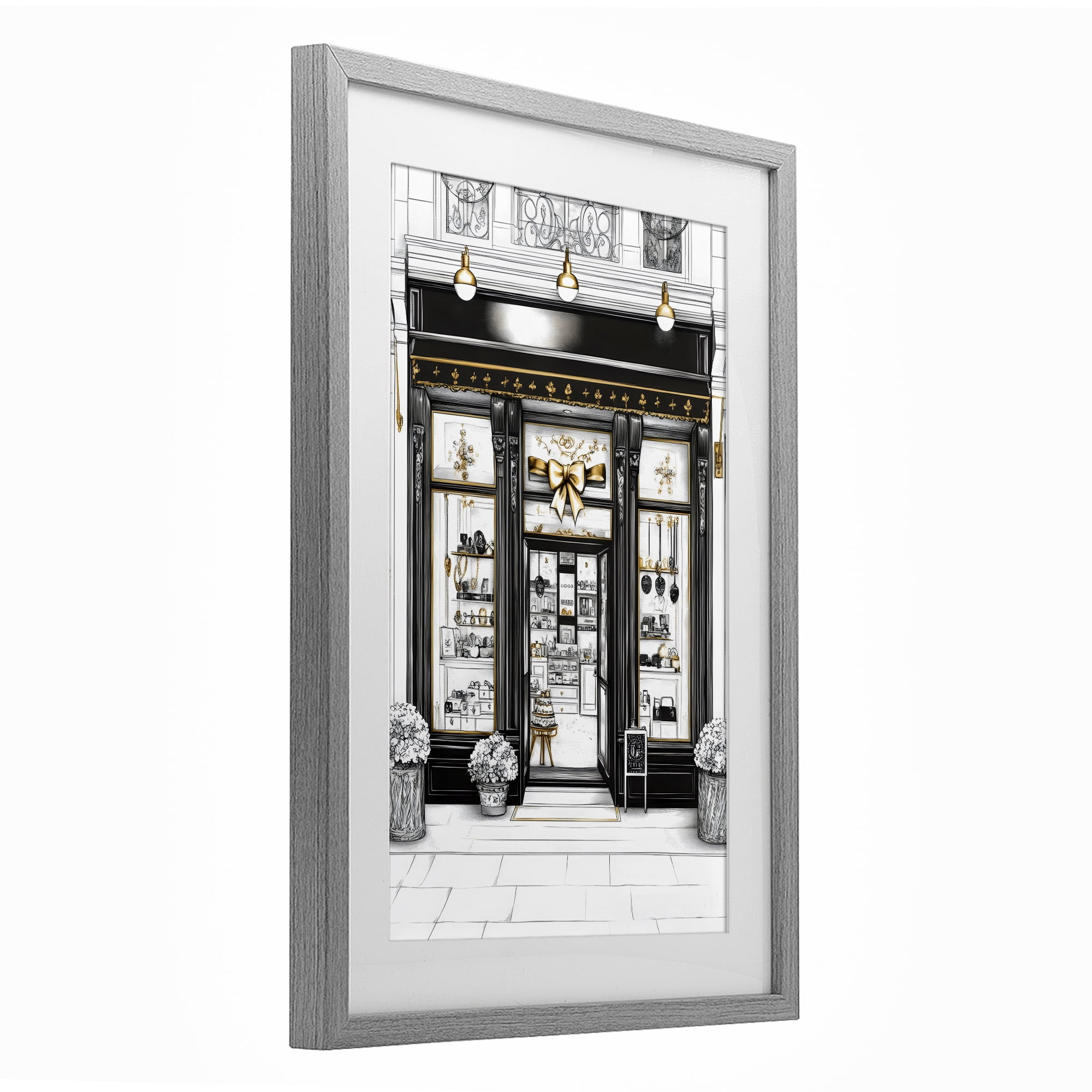 Stupell Industries Glam Paris Shop Facade Gray Framed Print Under Glass, design by Petal Prints Design