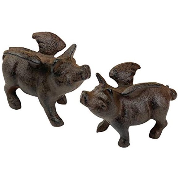 Urbalabs When Pigs Fly Flying Pig Cast Iron Paperweight Figurine With Wings Set of 2 Bronze Finish