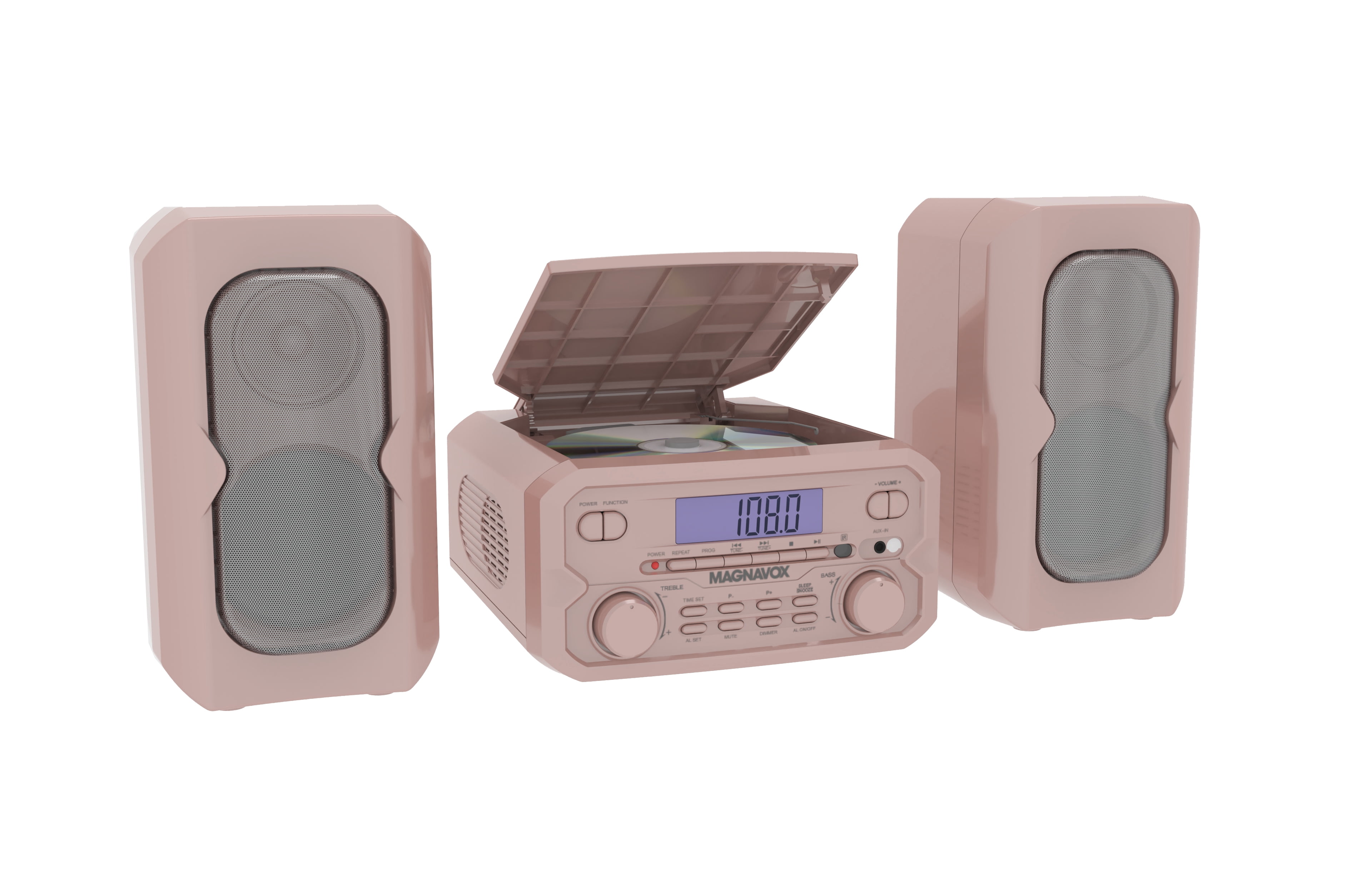 Magnavox Bluetooth 3-in-1 CD Shelf System with FM Stereo, Compact CD Player with Bluetooth Streaming, AUX Input, LCD Display, Top-Loading CD Player,  Rose Gold