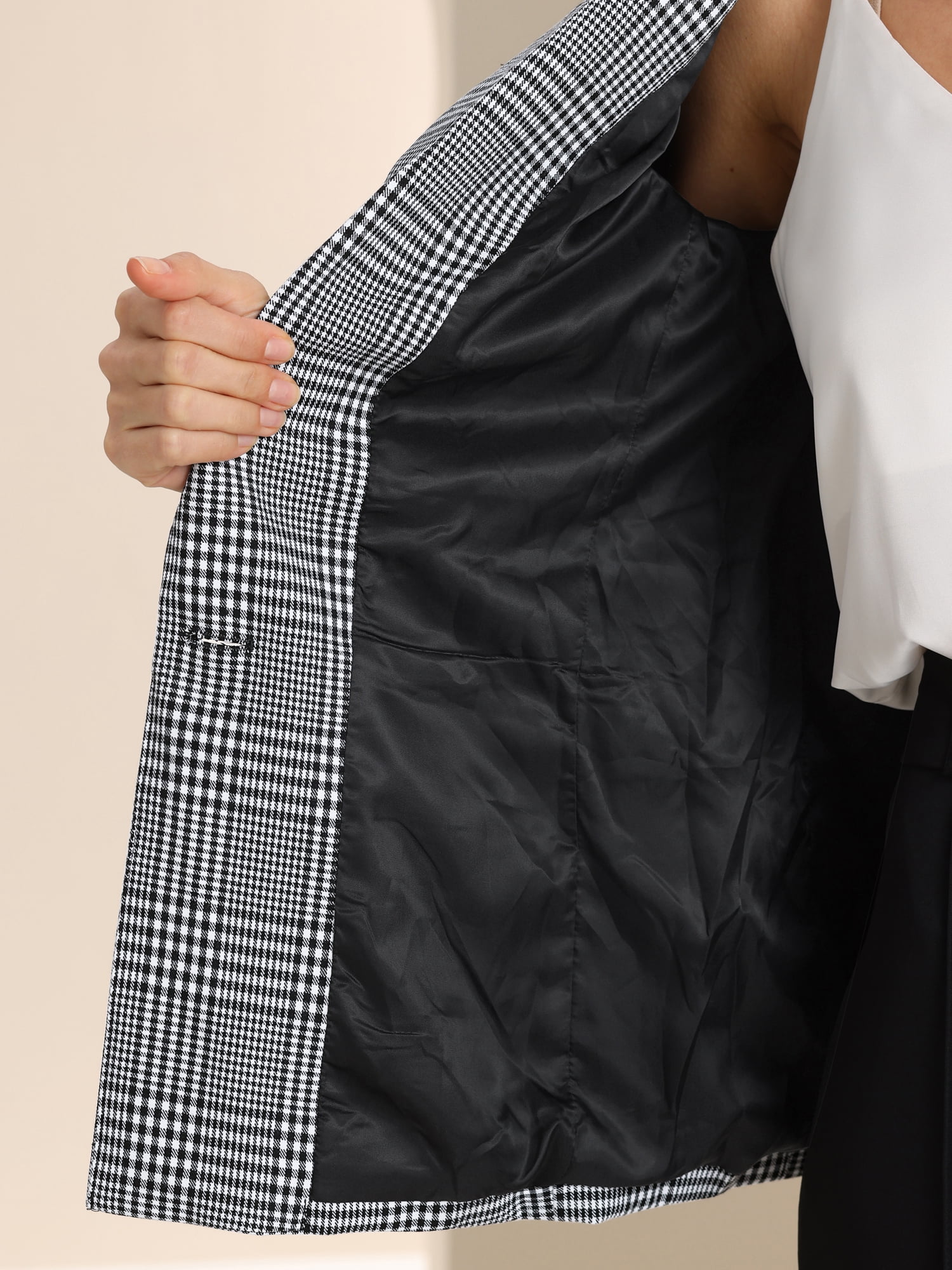 DARING DIVA Women's Plaid Notched Lapel Blazer M Black White Pattern 2
