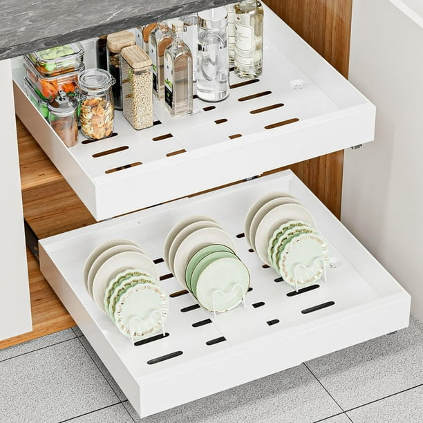2Pcs Organizador de Gabinete Deslizable Extraíble Extensible,Cajones Deslizables para Comida Utensilios de Cocina, Almacenamiento Cocina Organizador de Alacena para Armario Estante,Blanco