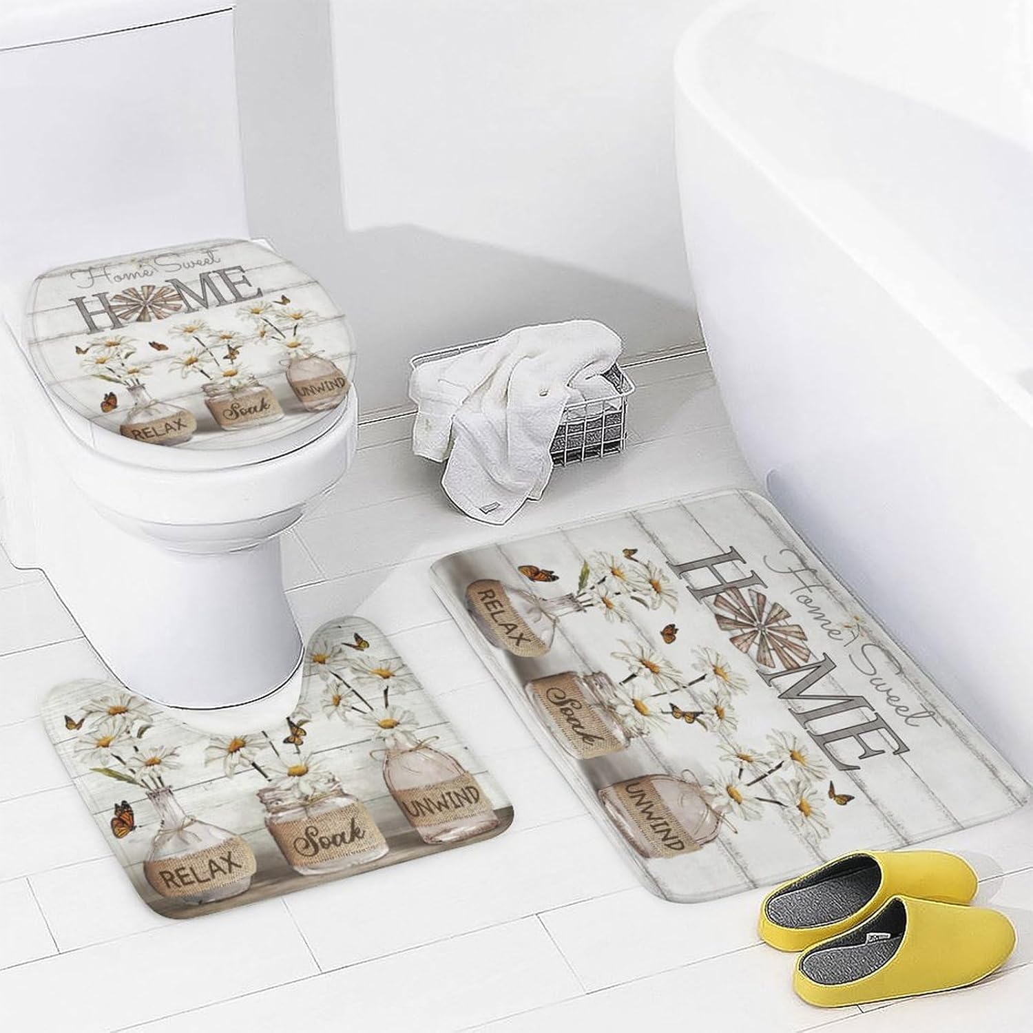 4PCS Shower Curtain Sets with Rugs Farmhouse Shower Curtain Neutral Rustic Country Shower Curtain Sets Purple Lavender Flower Shower Curtain Sets Bathroom Decor with Non-Slip Bath Mat Toilet Rug