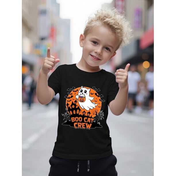 Halloween T-shirt - Spooky & Cute Graphic Print with BOO CAT CREW Lettering, Soft Breathable, Round Neck Casual Summer Top for Trick-or-Treating, School & Casual Attire - Machine Washable