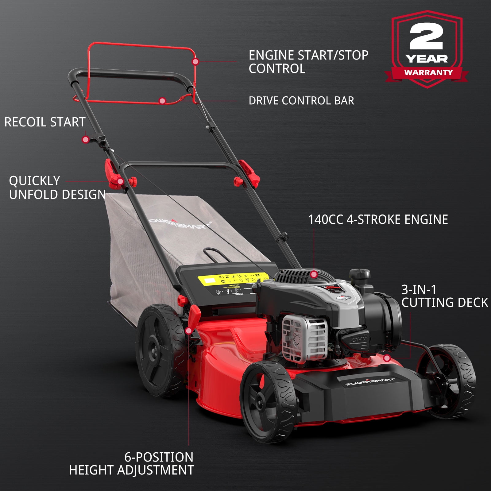 PowerSmart 21" Gas Self-Propelled 140cc B&S Engine Lawn Mower B8721S2