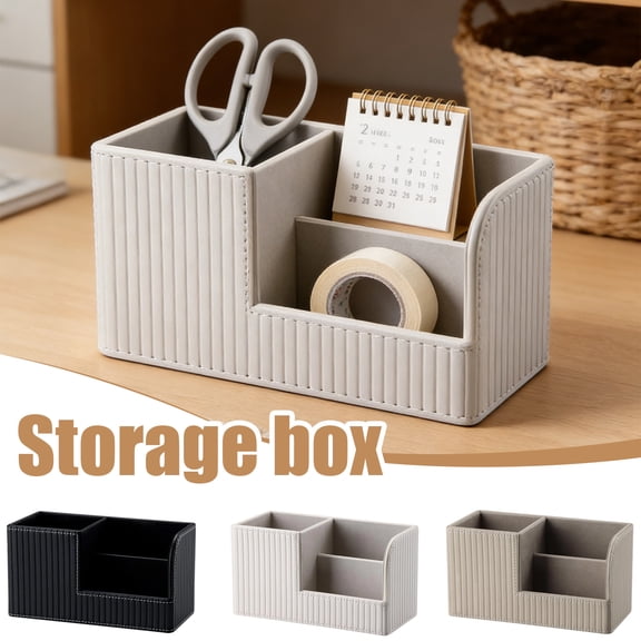 Desk Pen Organizer Office Supplies Caddy Pu Leather Multi-function Storage Box Pen/Pencil,Cell Phone, Business Name Cards Remote Control Holder, Suitable for Study, Bedroom & Office-4.3" Beige