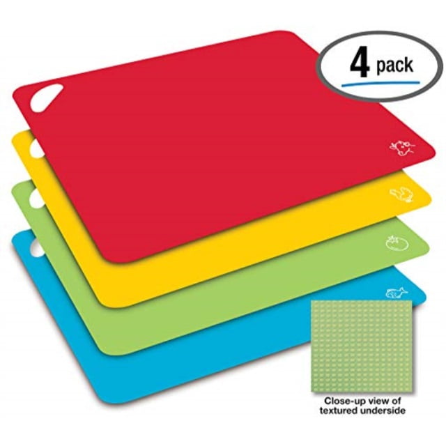 flexible plastic cutting board mats, heavy duty extra thick 2mm, set of 4,  color coded with food icons, textured underside by better kitchen products