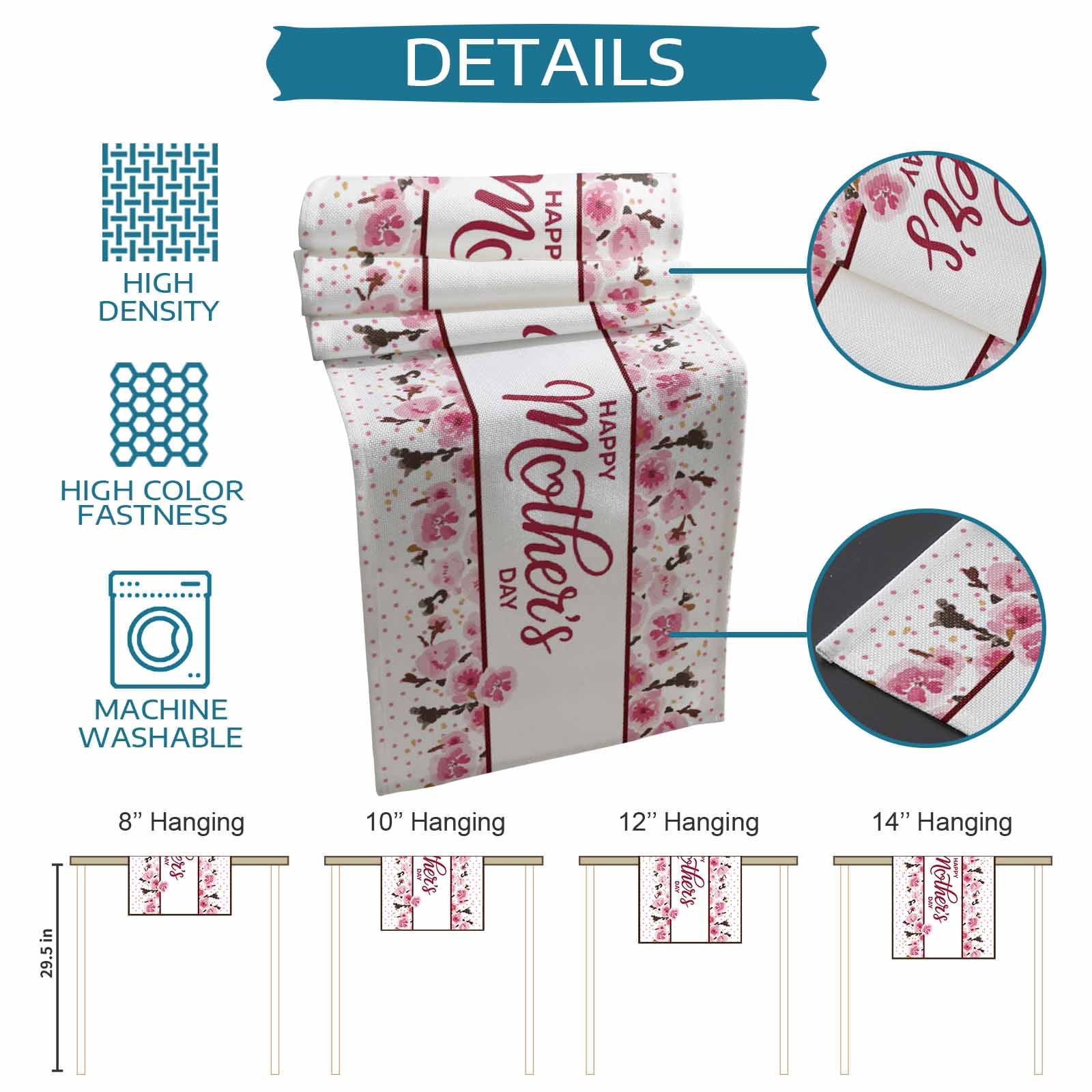 Pink Mother's Day Cotton Linen Table Runner for Dining Kitchen, Watercolor Flowers Modern Polka Dot Striped Wedding Outdoor Party Tablerunners, Dresser Scarf Coffee Tablecloth Runners 13x120 Inches