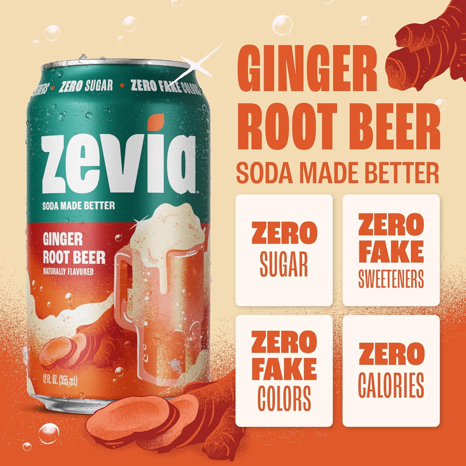 Pack Of 4) Zevia Soda Root Beer Ginger 72 Fl Oz, (6 Cans per Pack