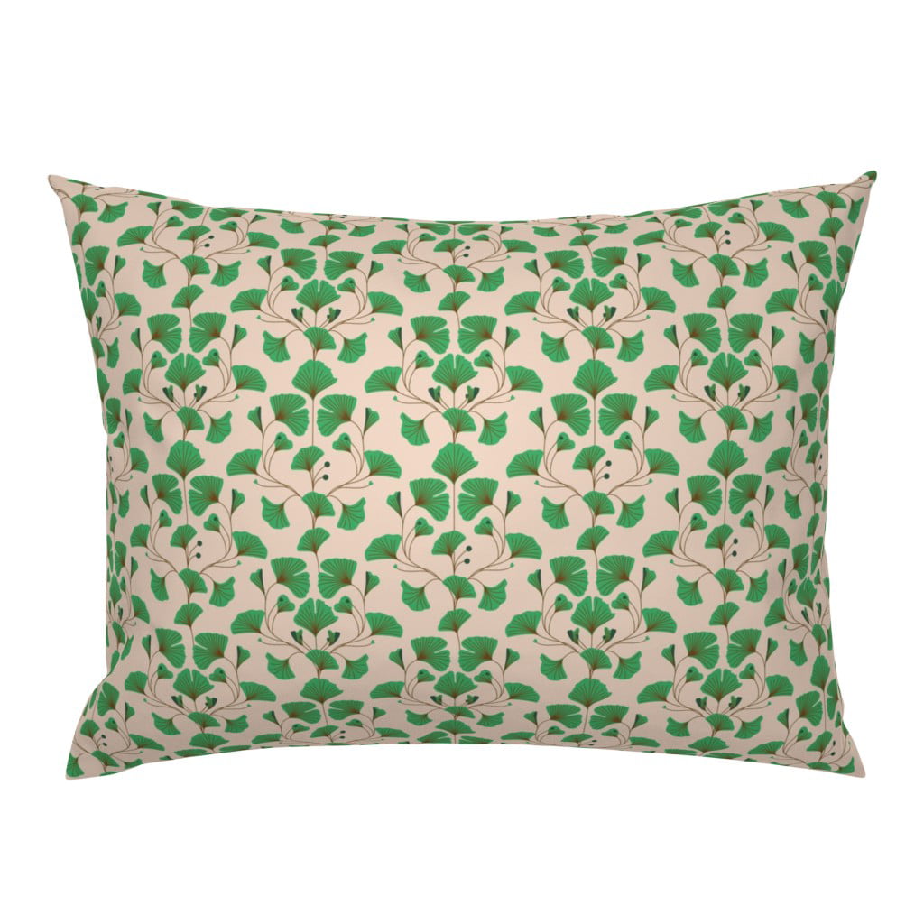 Art Deco Vines Victorian Inspired Elegant Plants Curved Green Damask Feminine Ginkgo Print Roostery Pillow Sham 100% Cotton Sateen 26in x 26in Knife-Edge Sham 