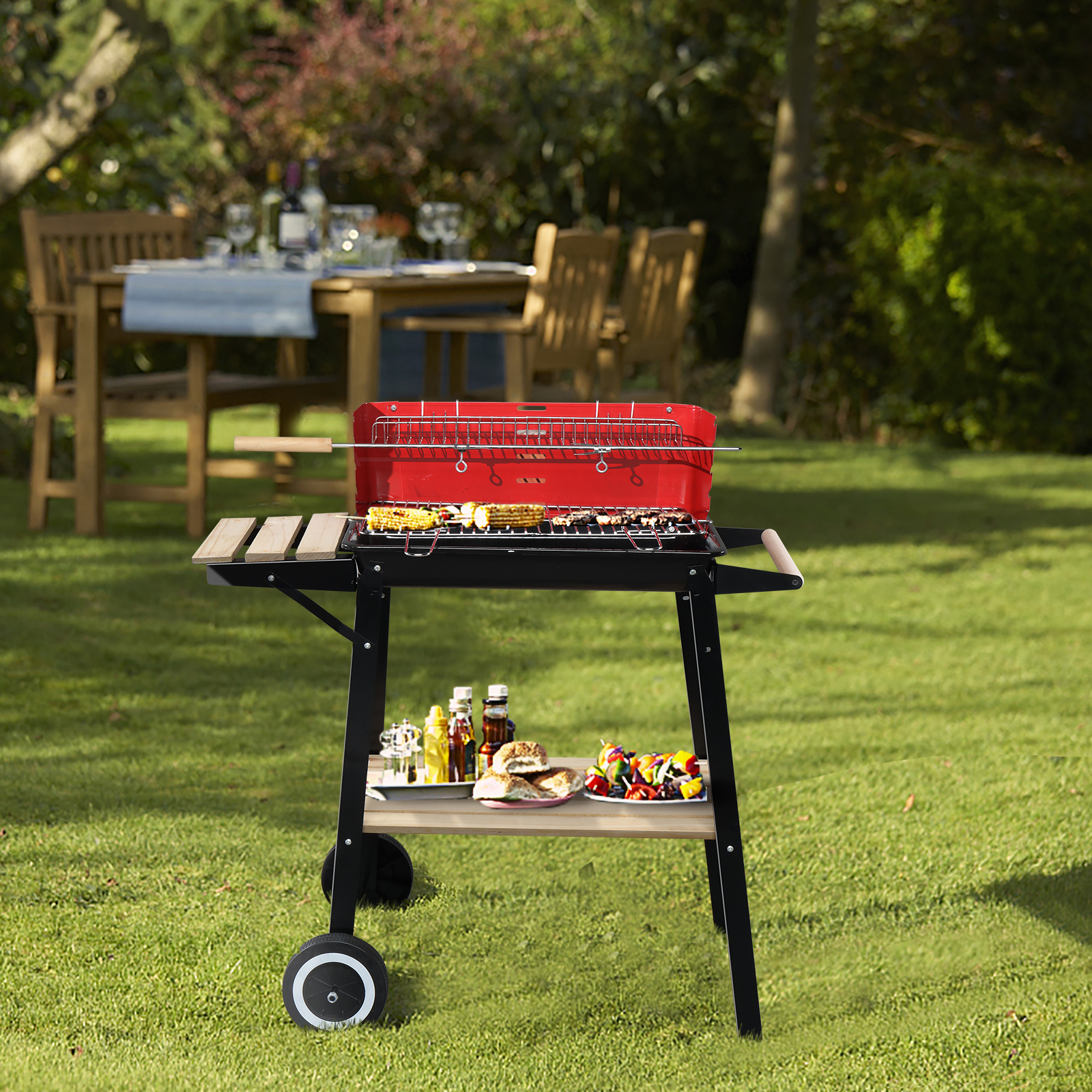 Oufan Four Legs With Wheels Square Enamel Charcoal Oven for Outdoor Kitchen & Backyard Barbecue, Black Red